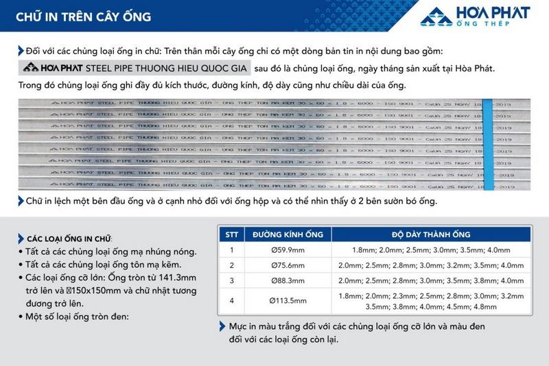 Dòng chữ nội dung bao gồm logo Hòa Phát, chủng loại, kích thước, độ dày